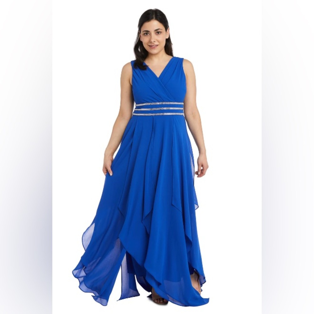 R&M Richards Petite Blue Beaded Waist Maxi Dress‎ Formal Evening Gown Size 10P